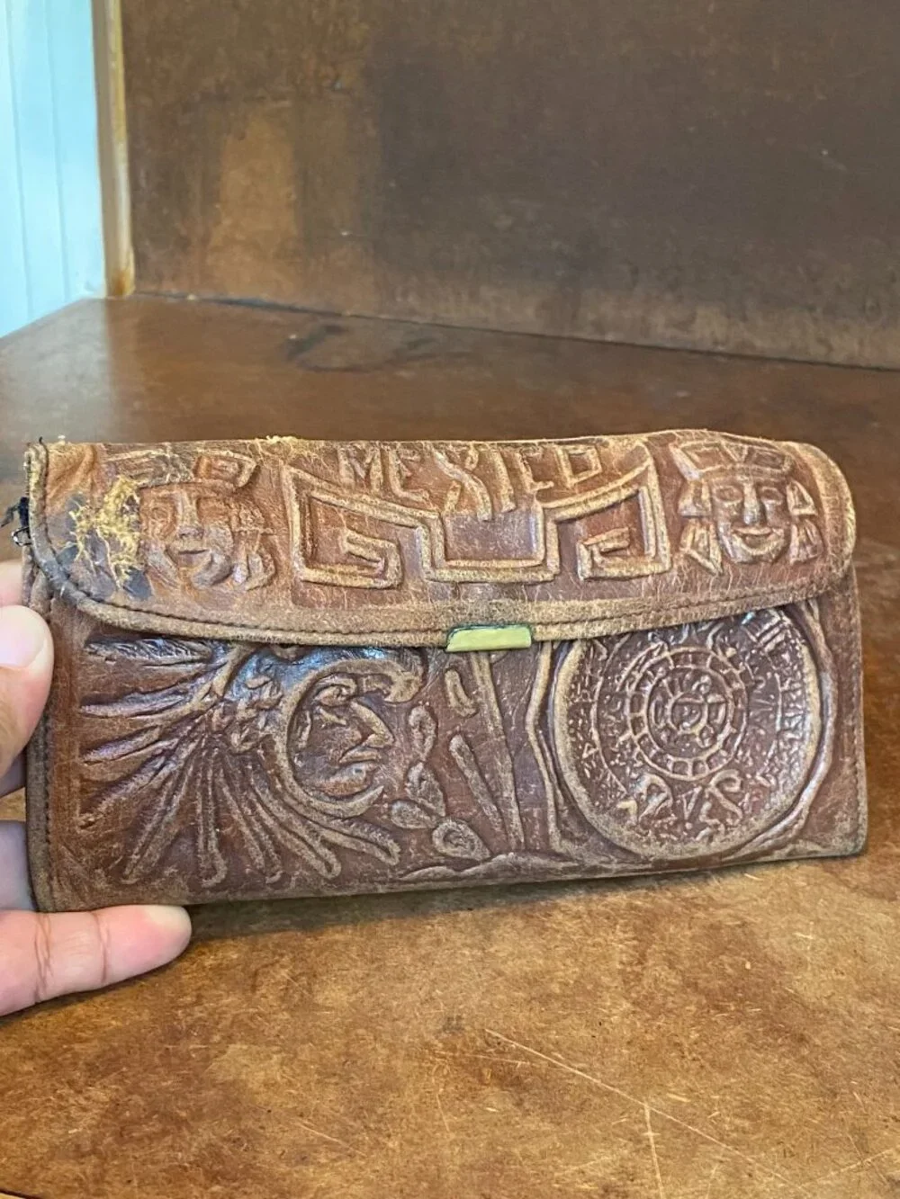 50s 60s Handmade Mexican Wallet Brown Leather Tooled Aztec Calendar Vintage